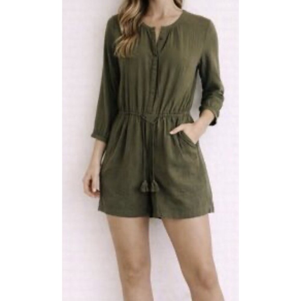 Madewell Mallorca button Front Green Romper XS Cotton Long Sleeve Pockets Resort